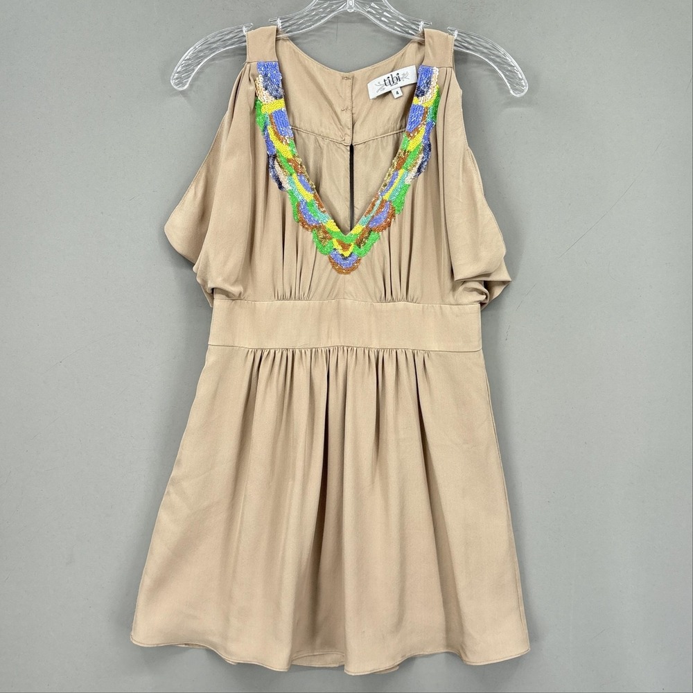 Tibi Dress 4 Beige Sequin V-Neck Cold Shoulder Short Blouson Party Cocktail
